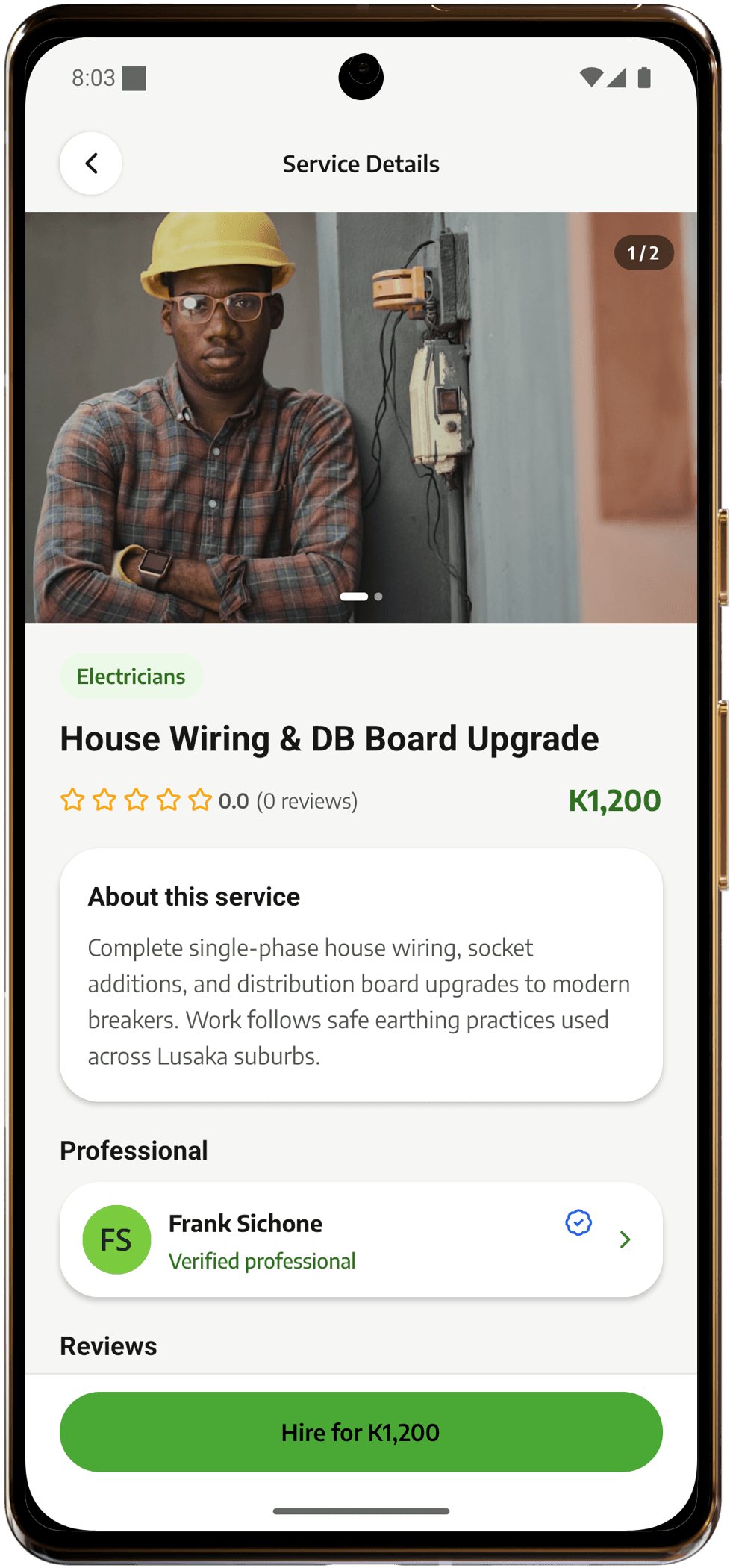 FixConnect app showing home service packages in Zambia